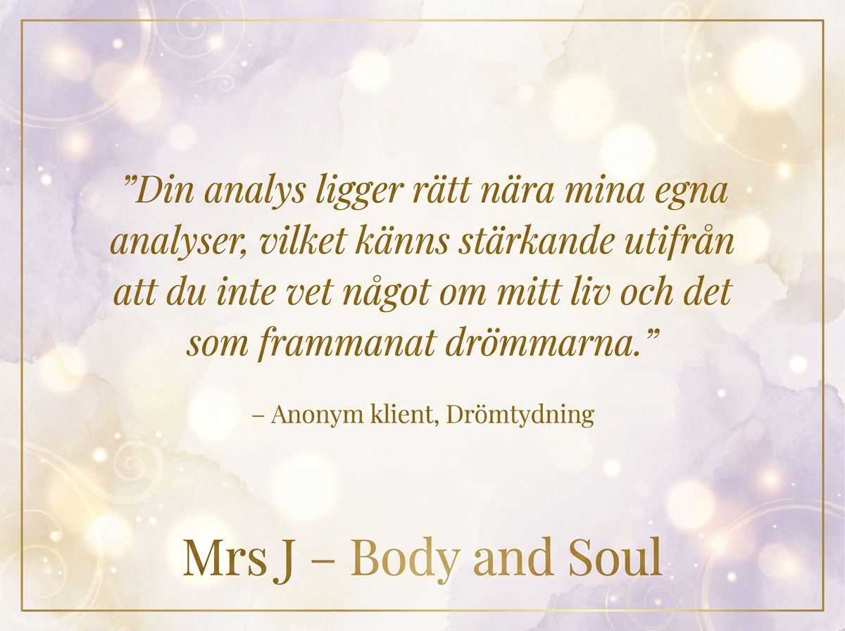 feedback Din analys ligger rätt nära mina egna analyser, vilket känns stärkande utifrån att du inte vet något om mitt liv och det som frammanat drömmarna.