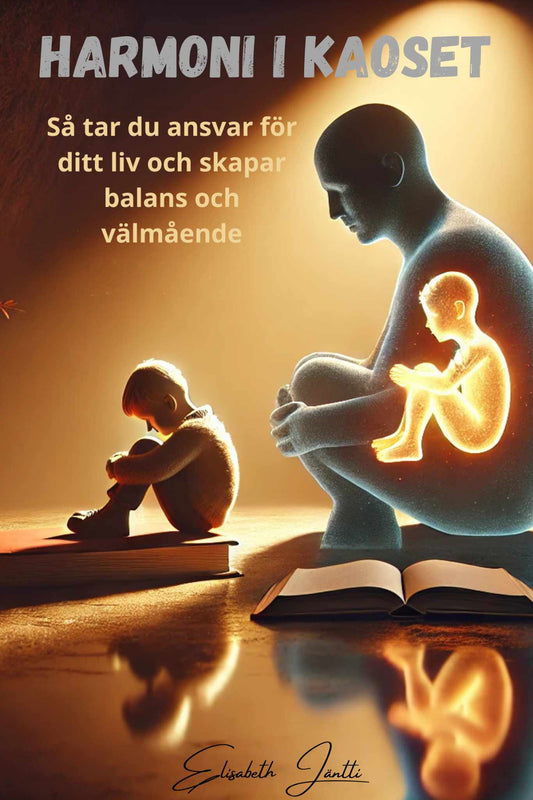 Bild på omslaget av boken harmoni i kaoset, ett barn sitter med ryggen mot en vuxen och i den vuxna personen finns den vuxnes inre barn. 